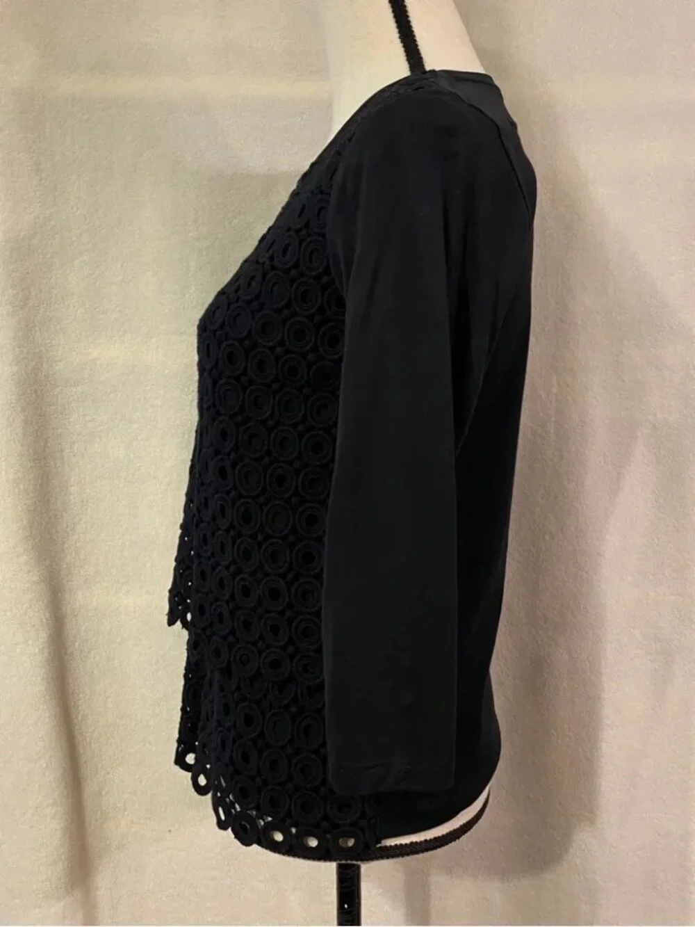 J. Crew black circle crochet lace layered tiered 3/4 sleeve cotton top